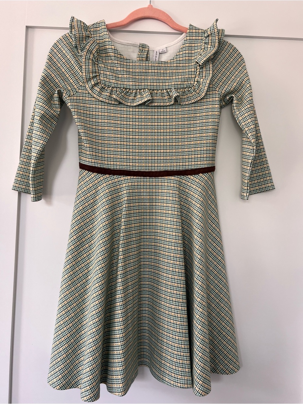 Janie and Jack Green Plaid Ruffle Yoke Knit Dress with Brown Waist Trim